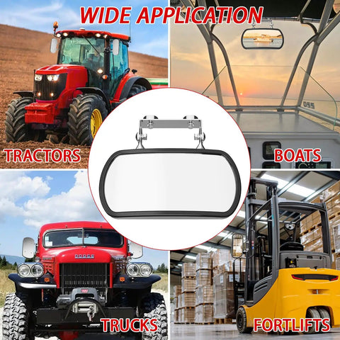 Rock Solid Magnetic Side Mirror For Tractors And Lawn Mowers With Slick Wide Angle Convex Glass And Knockout Vibration Free Install For Heavy Duty Grind Days displayed among tractors, trucks, boats, and forklifts.