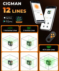 Green Laser Level With Three 360 Degree Coverage, Twelve Line Self Leveling, Bluetooth App Remote, Pulse Mode For Receiver