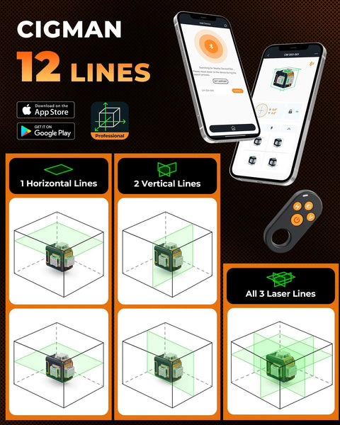 Green Laser Level With Three 360 Degree Coverage, Twelve Line Self Leveling, Bluetooth App Remote, Pulse Mode For Receiver