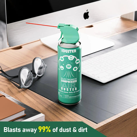 Powerful Canned Air Duster For Computers And Electronics 10 Oz Keyboard Cleaner on desk beside keyboard and glasses