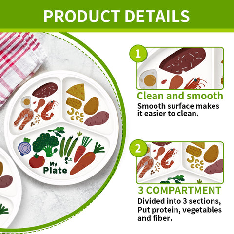 Sick 10 Inch Melamine Sectioned Plate For Portion Control And Keeping Calorie Intake In Check showing three compartments with food.