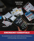 Adventure Medical Kits Trauma Pak first aid kit in a black pouch with QuikClot gauze, nitrile gloves, and bandages