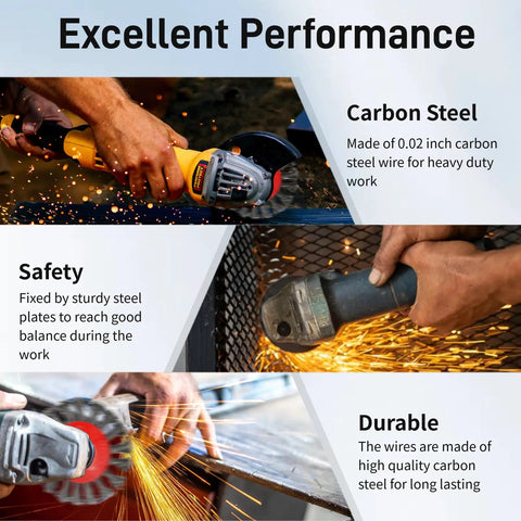 Five Pack 4 Inch Twist Knotted Wire Wheel Brush for Angle Grinder with 5/8-11 Arbor used on metal surface, emitting sparks.
