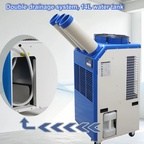 Heavy Duty Portable Spot Cooler With Twenty Two Thousand BTU Industrial Air Conditioner with double drainage system and 14L water tank.
