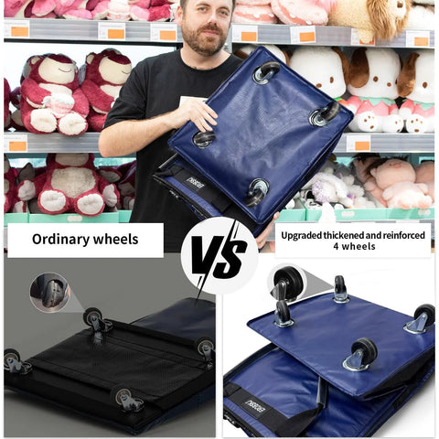 Navy Medium Reusable Grocery Bag On Wheels With 70L Foldable Rolling Tote Carries Up To 66 Lbs, showing upgraded heavy-duty wheels