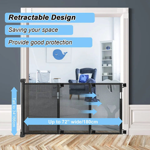 Retractable Baby Gate for Stairs and Doorways, 34 Inch Tall Expands to 72 Inch Wide, in indoor doorway setting, white