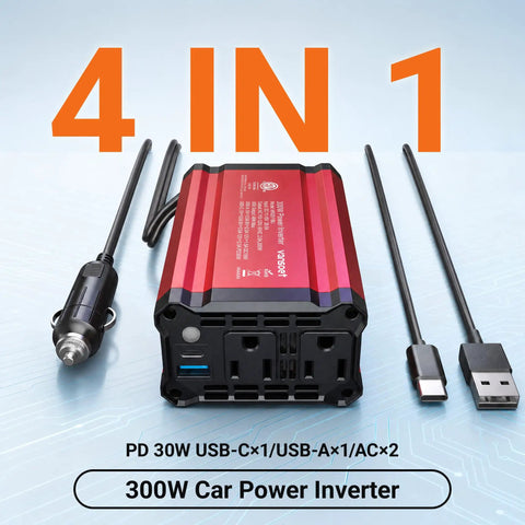 Keep Your Road Trips Lit With This Hella Reliable 300W Car Power Inverter featuring dual AC outlets and USB ports.