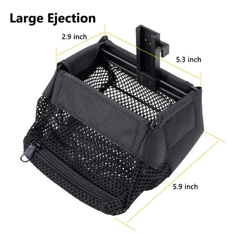 Heat Resistant Brass Shell Catcher with Thick Nylon Shell Zipper Bottom, shown with dimensions and picatinny mount.