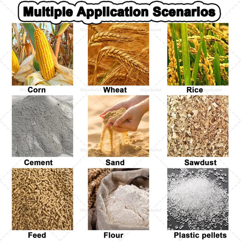 Image showing application scenarios for Heavy Duty 1500W Grain Auger Workhorse with Portable Suction System including grains and materials.