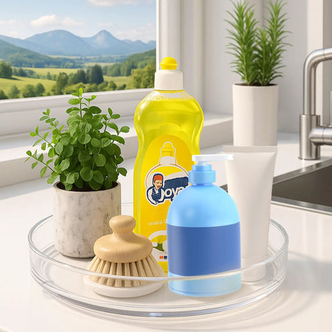 Two Pack Nine Inch Clear Acrylic Lazy Susan Turntable Spinner With Non Slip Base For Kitchen Pantry Cabinet Fridge And Makeup Tray That Is A Straight Up Game Changer For Decluttering Your Home Hella Sturdy holding cleaning supplies and a plant.