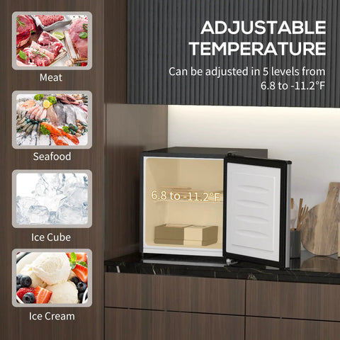 Sick Silver Mini Freezer With 1.1 Cu Ft Storage Capacity Featuring Reversible Door Removable Shelves Adjustable Temp Control with ice and food.