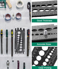 Bolt gauge tool (metric and SAE) on pegboard; plastic bolt sizing gauge with numbered holes for precise nut/bolt sizes.