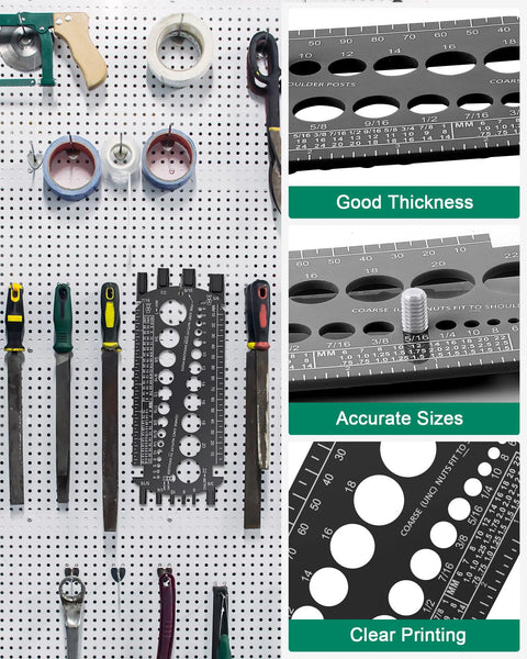 Bolt gauge tool (metric and SAE) on pegboard; plastic bolt sizing gauge with numbered holes for precise nut/bolt sizes.