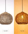 One Light Rattan Woven Pendant Light Fixture With Handwoven Lampshade Handmade Ceiling Chandelier In Farmhouse Style Natural Seagrass Shade For LED Edison CFL Bulbs 13.7 Inch Wide, shown in off and on lighting modes.