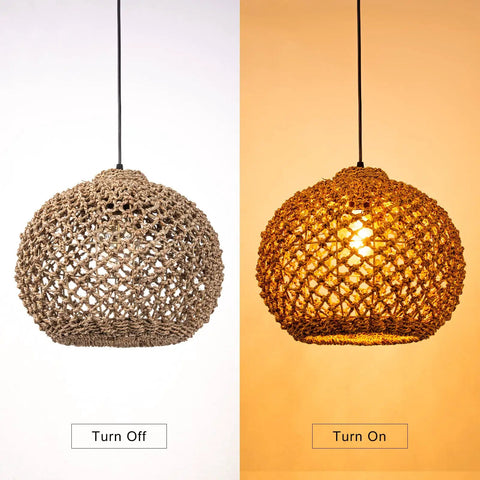 One Light Rattan Woven Pendant Light Fixture With Handwoven Lampshade Handmade Ceiling Chandelier In Farmhouse Style Natural Seagrass Shade For LED Edison CFL Bulbs 13.7 Inch Wide, shown in off and on lighting modes.