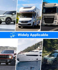 Collage of electric SUV, RV, transport truck, pickup, yacht, and SUV emphasizing wide application of battery jump post kit.