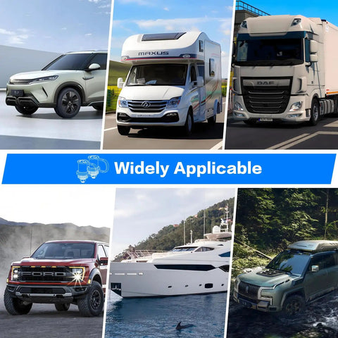Collage of electric SUV, RV, transport truck, pickup, yacht, and SUV emphasizing wide application of battery jump post kit.
