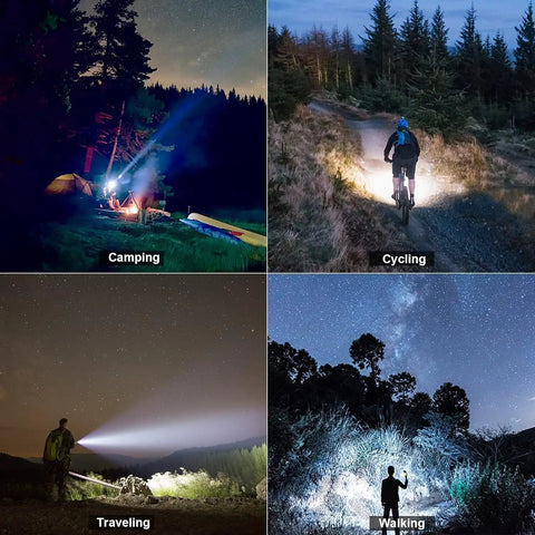 Rechargeable Handheld Spotlight With Solar Panels lighting up outdoor activities like camping, cycling, traveling, and walking.