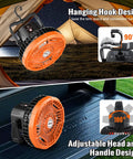 Magnetic Golf Cart Fan With Rechargeable Portable Build And Top Notch Airflow To Keep You Crisp Out On The Links, 90° hanging hook design.