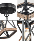 Close-up of Rustic Farmhouse Pendant Light with Adjustable Metal and Wood Chandelier Fixture details, brown finish.