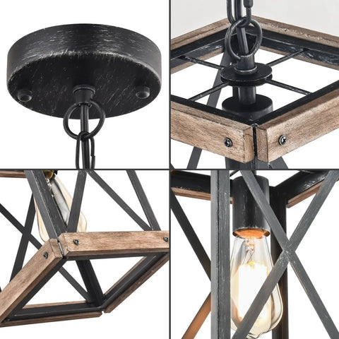 Close-up of Rustic Farmhouse Pendant Light with Adjustable Metal and Wood Chandelier Fixture details, brown finish.