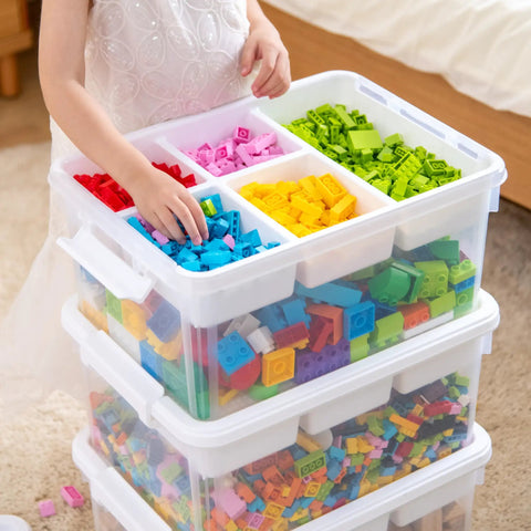 Child organizing colorful bricks in No Fuss 17 Qt Clear Plastic Storage Box With Bricks Compatible Baseplate Lid And Removable Tray