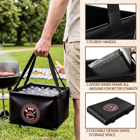 Person holding Six-Piece Bristle-Free Grill Cleaning Kit with 15L foldable water bucket, showing sturdy handle and foldable design.
