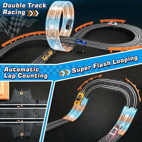 Action Packed High Speed Slot Car Race Track Set With Four Cars And Dual Controllers For Kids Ages 6 To 12, looping track detail