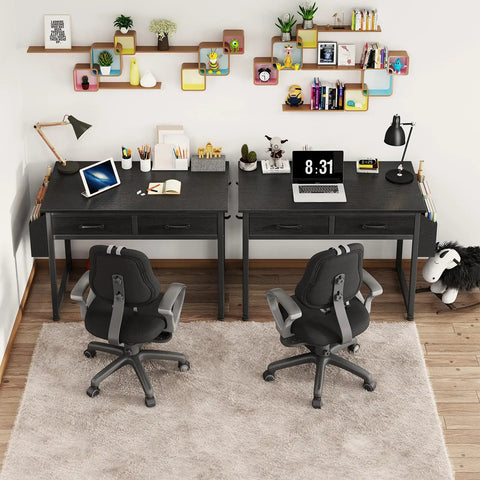 Compact Gaming Desk With Fabric Drawers For Bedroom Or Dorm, 32 Inch Study And PC Table For Gamers, shown with chairs and accessories