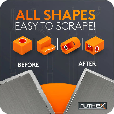 11 Blades Deburring Tool With Metal Storage Box showing before and after deburring results on various shapes