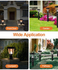 Four Solar Post Light Outdoor Garden Lamps With Pier Mount Base installed in front doors, gardens, courtyards, and pathways.