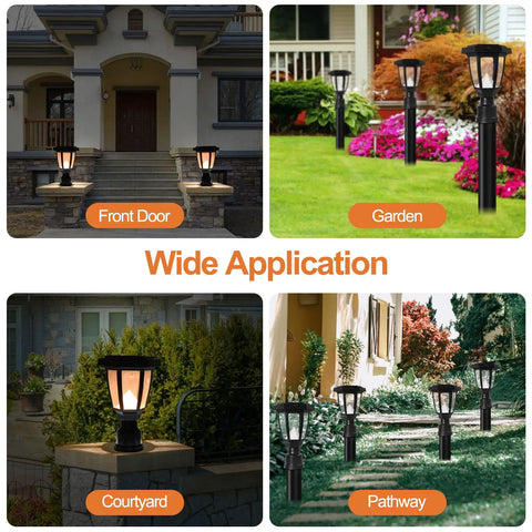 Four Solar Post Light Outdoor Garden Lamps With Pier Mount Base installed in front doors, gardens, courtyards, and pathways.
