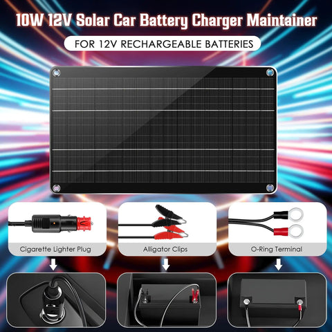 10W 12V Solar Car Battery Charger And Maintainer Waterproof Portable Trickle Charger With Cigarette Lighter Plug And Alligator Clips