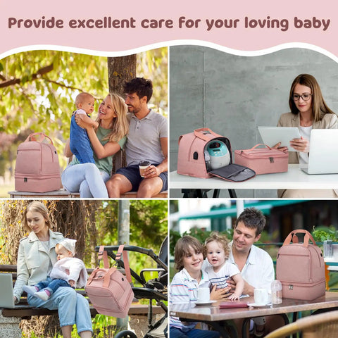 Stay Cool And Fully Loaded With This Dope Breast Pump Bag Cooler Backpack Designed For The Busy Mom Hustle While Keeping Fresh Milk Safe During Hands Free Pumping Days, shown with family and active settings.