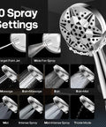 10 spray settings of high pressure handheld shower head with stainless steel hose, detachable, for versatile bathroom use.
