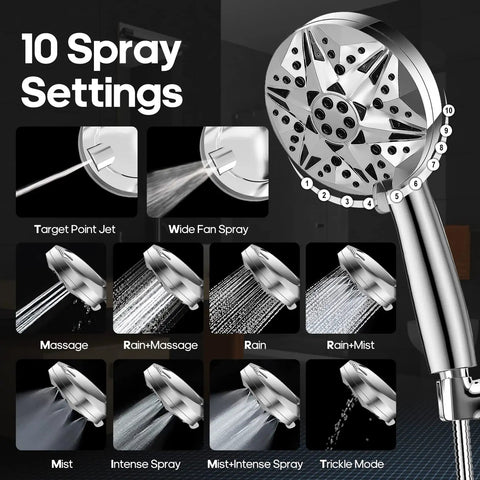 10 spray settings of high pressure handheld shower head with stainless steel hose, detachable, for versatile bathroom use.
