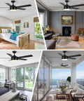 52 Inch Black Ceiling Fan With Light And Remote shown in indoor living and bedroom spaces, ultra quiet DC motor, energy saving design.