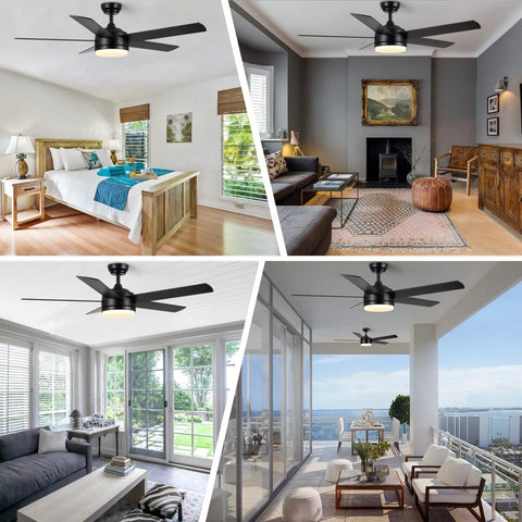 52 Inch Black Ceiling Fan With Light And Remote shown in indoor living and bedroom spaces, ultra quiet DC motor, energy saving design.