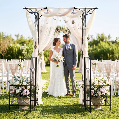 Garden Arbor With Gate And Planter, Metal Arch Trellis With Double Doors, 79 Inches Wide By 81 Inches High for weddings