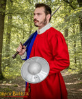 Person holding Old School Medieval Steel Buckler Shield Handcrafted With Wooden Grip, 16 Gauge, 30 Cm Round Shield