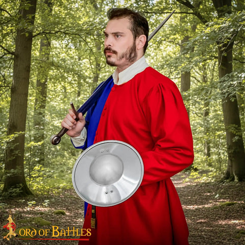 Person holding Old School Medieval Steel Buckler Shield Handcrafted With Wooden Grip, 16 Gauge, 30 Cm Round Shield
