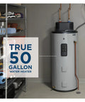 50 Gallon Electric Water Heater With WiFi And SmartHQ App Control in utility room beside storage shelves.