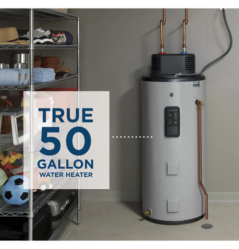 50 Gallon Electric Water Heater With WiFi And SmartHQ App Control in utility room beside storage shelves.