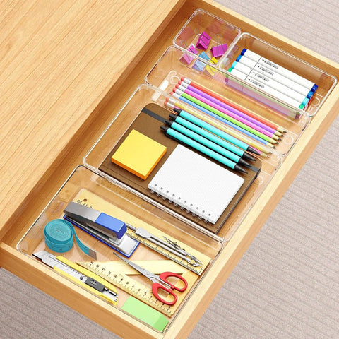 Heavy Duty Clear Plastic Drawer Organizer 12 Piece Set Premium Transparent Vanity Storage Box For Makeup Skincare Cosmetics Straight Up Solid Clutter Buster Built Tough