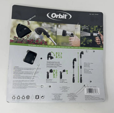 Packaging of Three Piece Watering Set With Telescoping Wand, 90 Degree Ratchet, 24 Inch Reach, 9 Pattern Spray Head, Thumb Flow Control