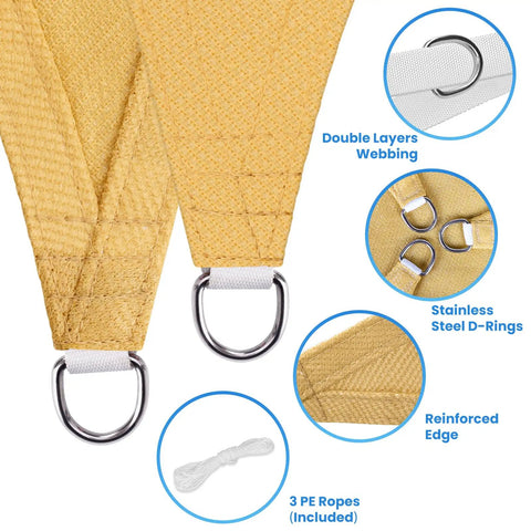 Close-up of Triangle Sun Shade Sail 12 Foot By 12 Foot By 12 Foot Outdoor Patio Garden Deck Yard Canopy with ropes and D-rings