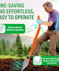 Heavy Duty 5-Tine Broad Fork for Gardening With Ergonomic U Shaped Handle All Steel Construction Rust Resistant Built to Dig Deep Aerate Soil Cultivate Garden Beds Farms and Tough Soil shown in use by a person in garden