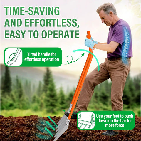 Heavy Duty 5-Tine Broad Fork for Gardening With Ergonomic U Shaped Handle All Steel Construction Rust Resistant Built to Dig Deep Aerate Soil Cultivate Garden Beds Farms and Tough Soil shown in use by a person in garden