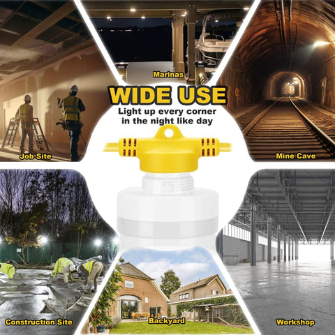 Beast Bright 100 Foot LED Construction String Light With 10 Bulbs shown in various jobsite settings including mines and workshops.
