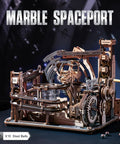 3D Wooden Puzzle Marble Run For Adults - Upgraded Spaceport Model Kit with Electric Drive displayed against starry backdrop